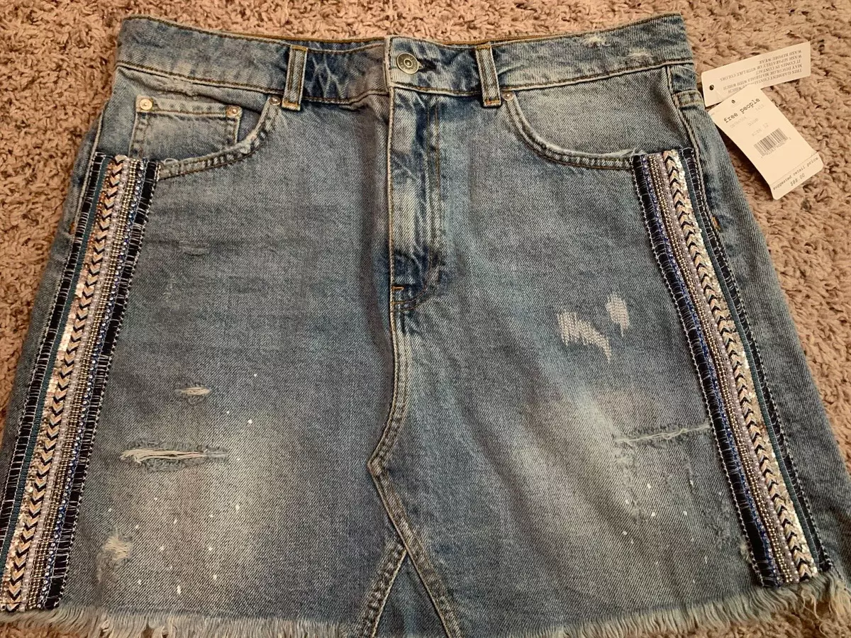 Free People Denim Skirt Embellished Side Stripe Sequin Distressed