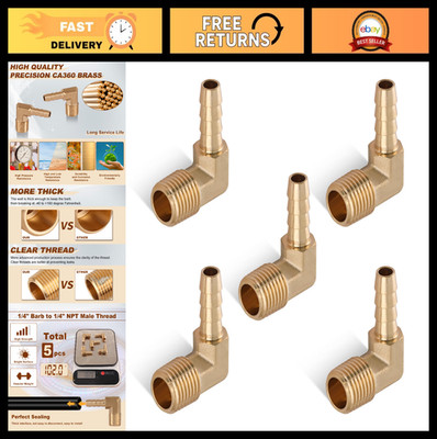 5pcs 90° Brass Hose Barb Fittings 1/4'' NPT Male Thread Adapter Connector for Air