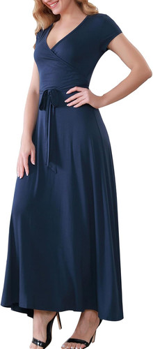Aphratti Women's Casual Maxi Dress Short Sleeve V Neck Faux Small, Navy Blue