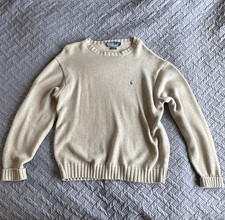 Vintage Polo Ralph Lauren Men's L Beige Cotton Knit Crewneck Pullover Sweater