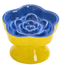 Raised Slow Feeder Dog Cat Food Bowl for Small Pets Blue Tilted Ceramic Dish