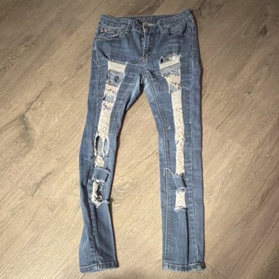 rue21 Women's Blue Mid-Rise Distressed Stretch Jegging Jeans
