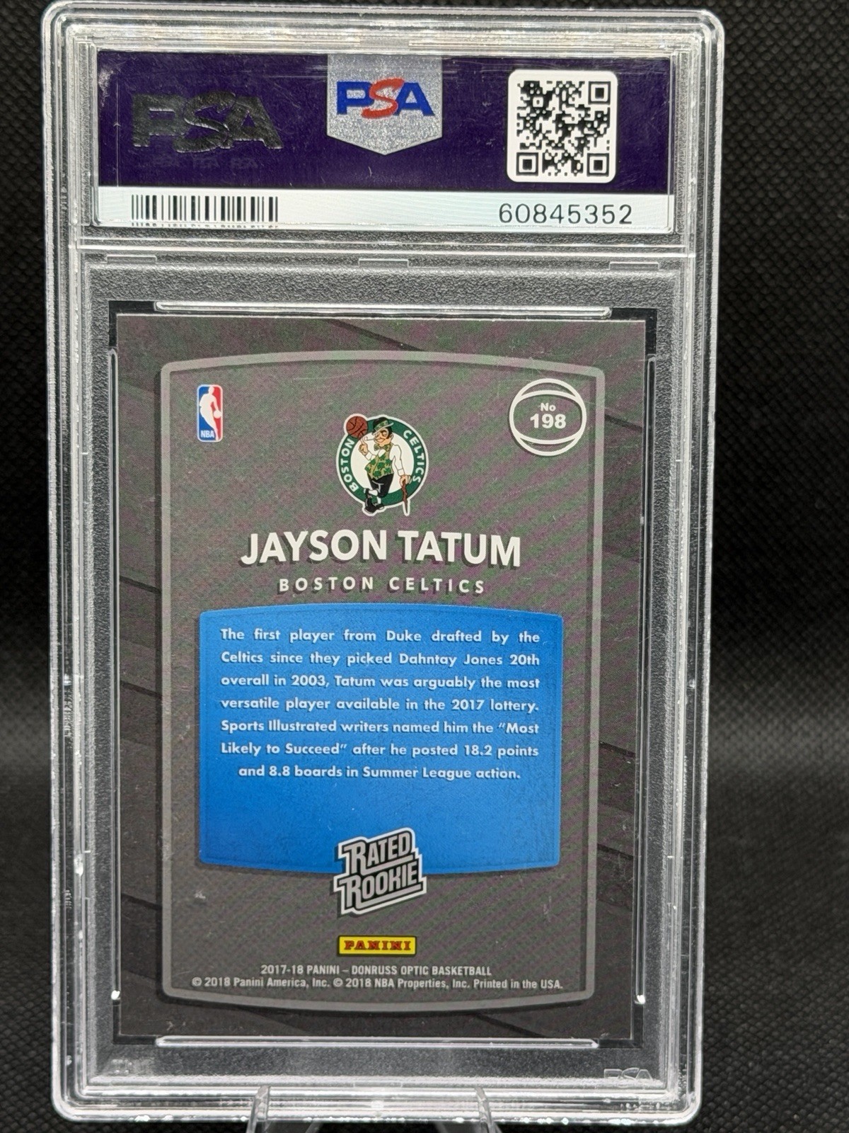 Panini Donruss Optic 2017-18 Rated Rookie Jayson Tatum #198 PSA 9 Celtics view 3
