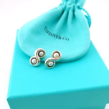 Tiffany & Co. Sterling Silver Double Pearl Endless Infinity Earrings Pouch & Box