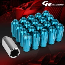 JDM SKY BLUE 20PCS M12X1.5 24MM OD 50MM TALL OPEN END ALUMINUM LUG NUTS+KEY