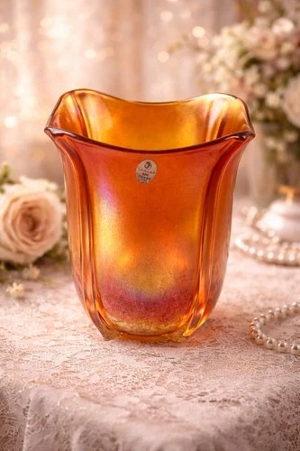 Fenton Carnival Glass Vase | Marigold Orange Iridescent | 100 Years Label