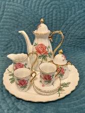 Miniature China Tea Set - Porcelain, White W Roses & Gold Trim - Cute Toy Gift