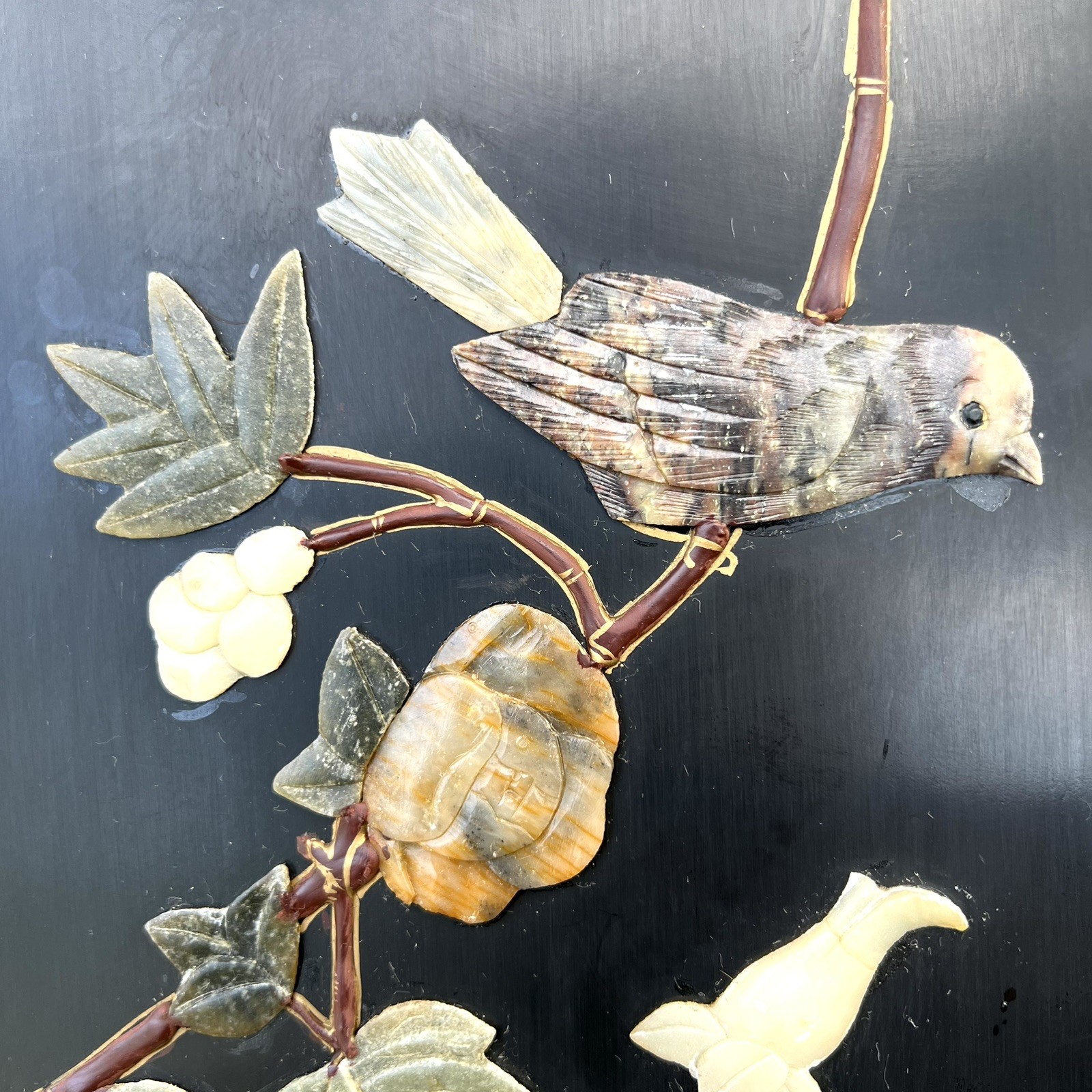 Chinese Black Lacquer Gold Hand Painted Cabinet Stone Relief Bird Flower MCM SEE