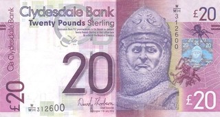 #Scotland Clydesdale Bank Limited 20 Pounds 2014 P 229K VF Robert the Bruce