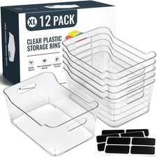 12 PACK Multi-Use Clear Plastic Storage Bins for Organizing w/ Labels - Home,...