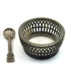 Sterling Silver Open Salt Dish w/ Clear Glass Insert & Spoon, Hallmarked