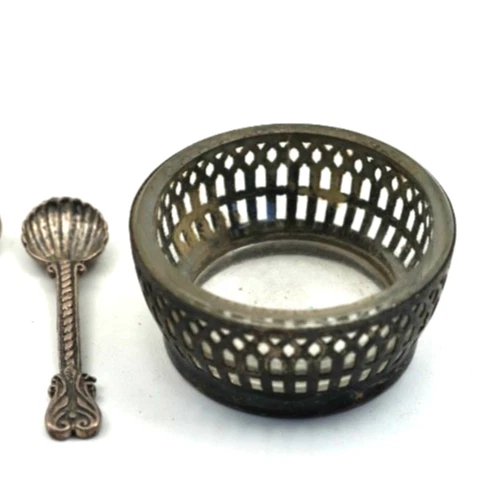 Sterling Silver Open Salt Dish w/ Clear Glass Insert & Spoon, Hallmarked