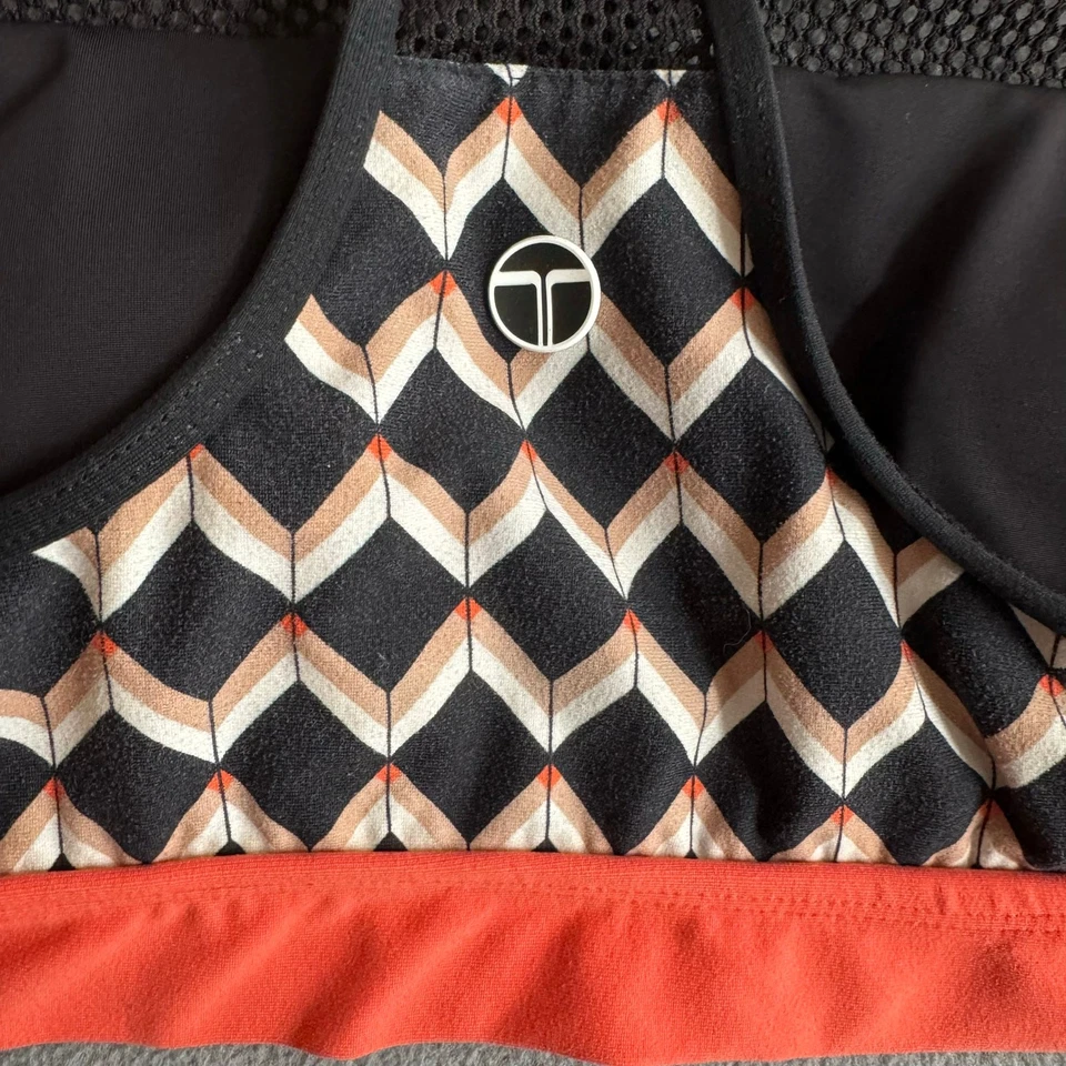 Sujetador deportivo Trina Turk retro estampado geométrico malla correas espalda corredora para mujer L negro Foto 3 de 4