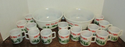 VINTAGE 2 SETS HAZEL ATLAS MILKGLASS CHRISTMAS 2 PUNCH BOWL & 15 CUPS
