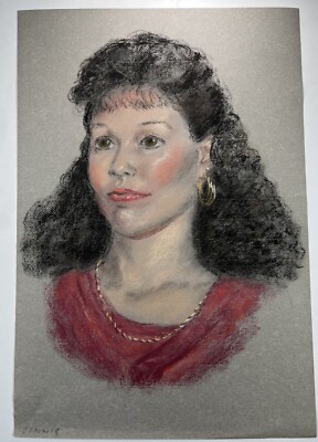Vtg Pastel Drawing Of Curly Haired Girl Women w/ Bangs Portrait 90s Poofy 17x12 