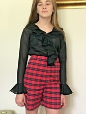 60  s Vintage Red Navy Blue Retro Plaid Rockabilly Hi-Waist Shorts