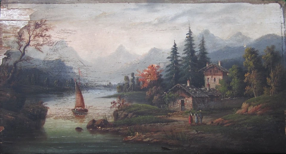 Tableau XIXe, belle huile sur bois, lac de montagne paysage Suisse, à restaurer. - Photo 3/4