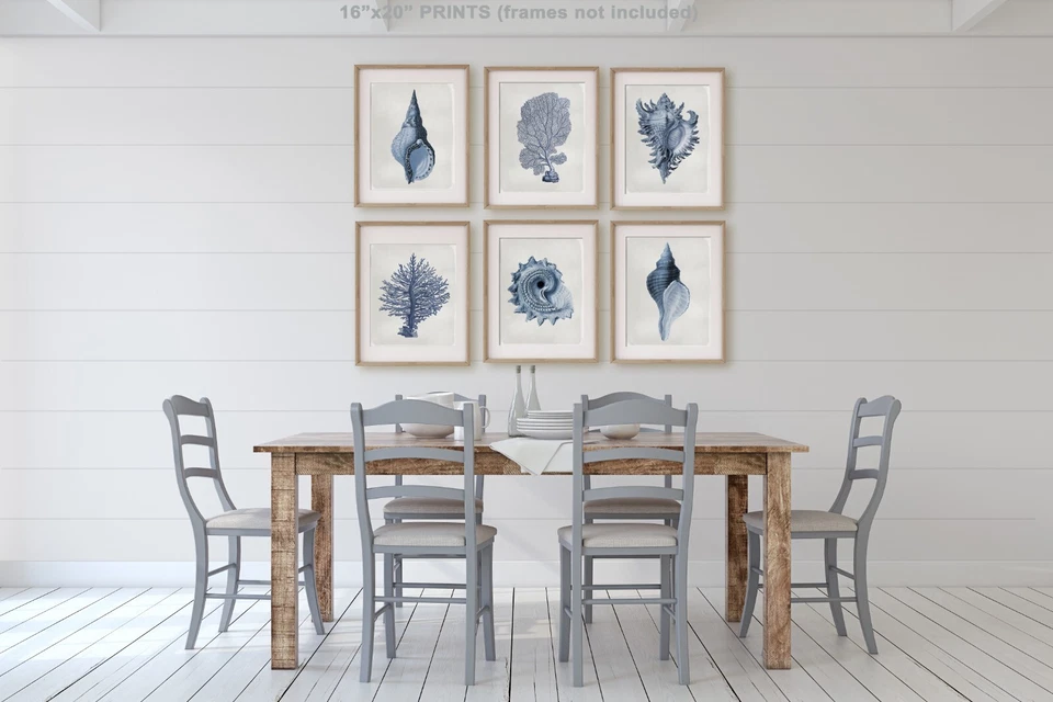 Arte de pared costero de concha vintage, decoración de playa, azul marino, arte de playa, conjunto de impresiones de concha Foto 3 de 4