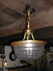 Original Antique Ceiling Light Gilded With Cut Glass Shade