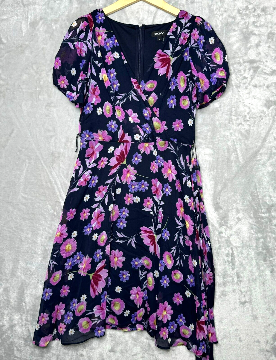DKNY Dress Womens 8 Blue Purple Floral Fit & Flare V Neck Puff Short Sleeve  | eBay