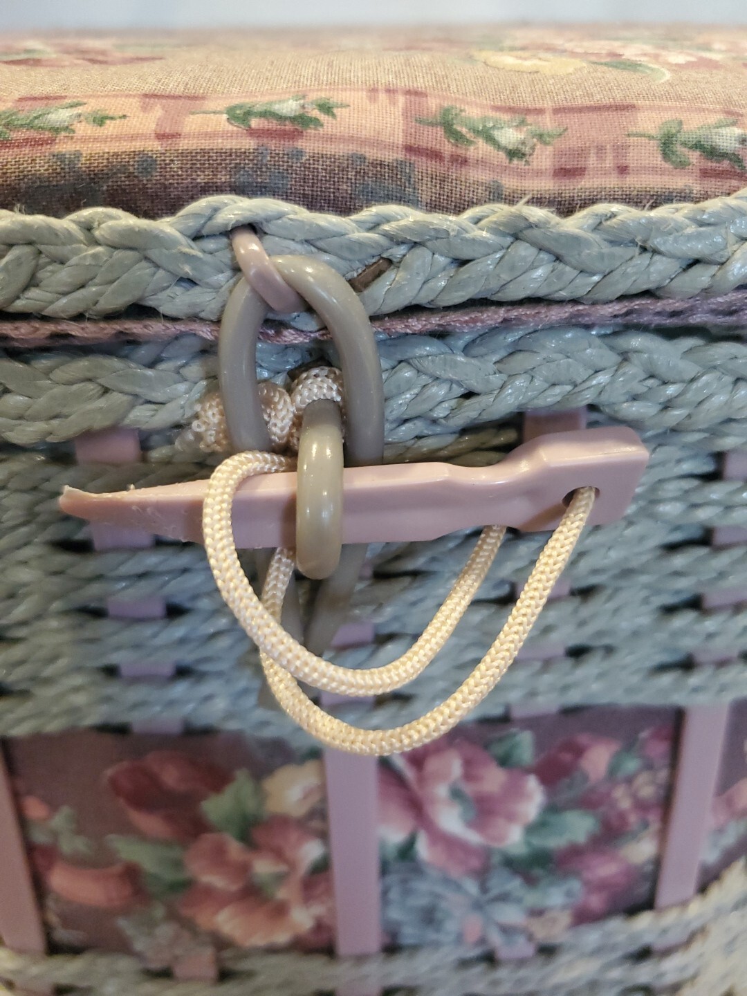 Vintage 1980s Large Octagon Sewing Box w Handle Wicker Dusty Rose/Blue Floral