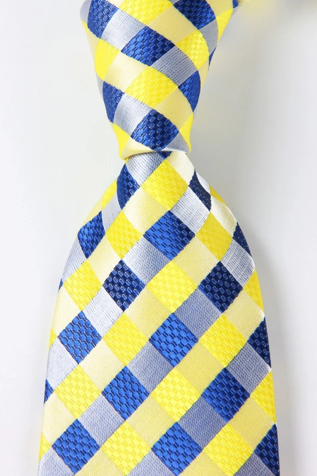 Juego de gemelos clásicos a cuadros azul amarillo tejido jacquard para hombre corbata pañuelo Foto 2 de 4