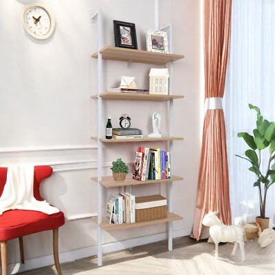 5 Tier Adjustable Floating Shelves w/White Frame & Oak Shelves - Wall Bookshelf