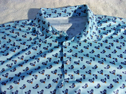 NWT Huk Polka Fish Pursuit polo, men's M, XL, light blue, fish print, poly.