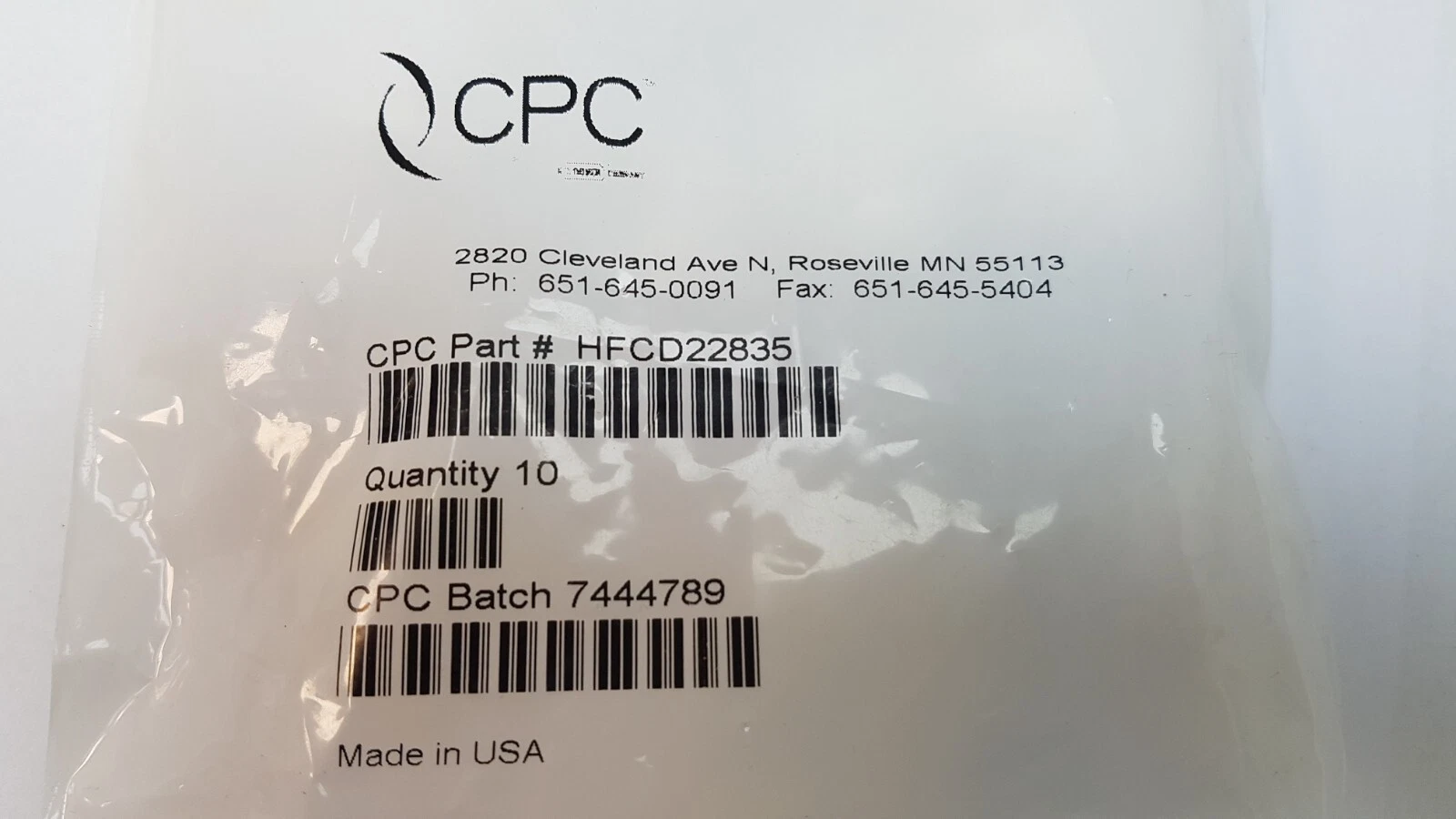 CPC label: Part # HFCD22835, Quantity 10, Made in USA