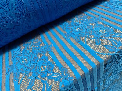 Mesh Lace Net Fabric, Per Metre Embroidered Floral Stripe Turquoise  Blue UK