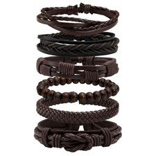 6 Pcs Braided Leather Bracelet for Men Women Wooden Beaded Cuff Wrap A: Brown