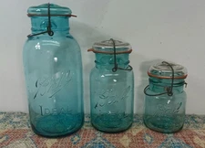 Aqua Ball Ideal 1908 pat. Half Gallon,Quart ,Pint Mason Canning Jar Wire Closure