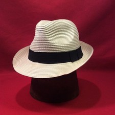 Cream / Off-White Straw Fedora Trilby Hat Size 7 1/8 Panama Style Black Band