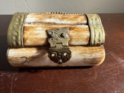 Vintage Camel Bone and Brass Trinket Box Blue Velvet Lining 2 x 3 x 1 