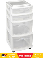 HOMZ Drawer Tower, 4-Tier Clear Plastic Storage Organizer Cart, White Frame