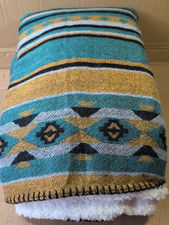 Sherpa Throw Blanket 127x152cm Teal Southwestern Boho Fleece for Couch & Bed