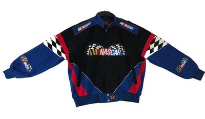 JH Design NASCAR Jacket Men's 2XL Black Blue Red Checkered Flag Logo Racing Coat