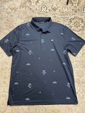 Travis Mathew Polo Shirt Mens Sz XL Navy Blue Beach Creature All Over Print Golf