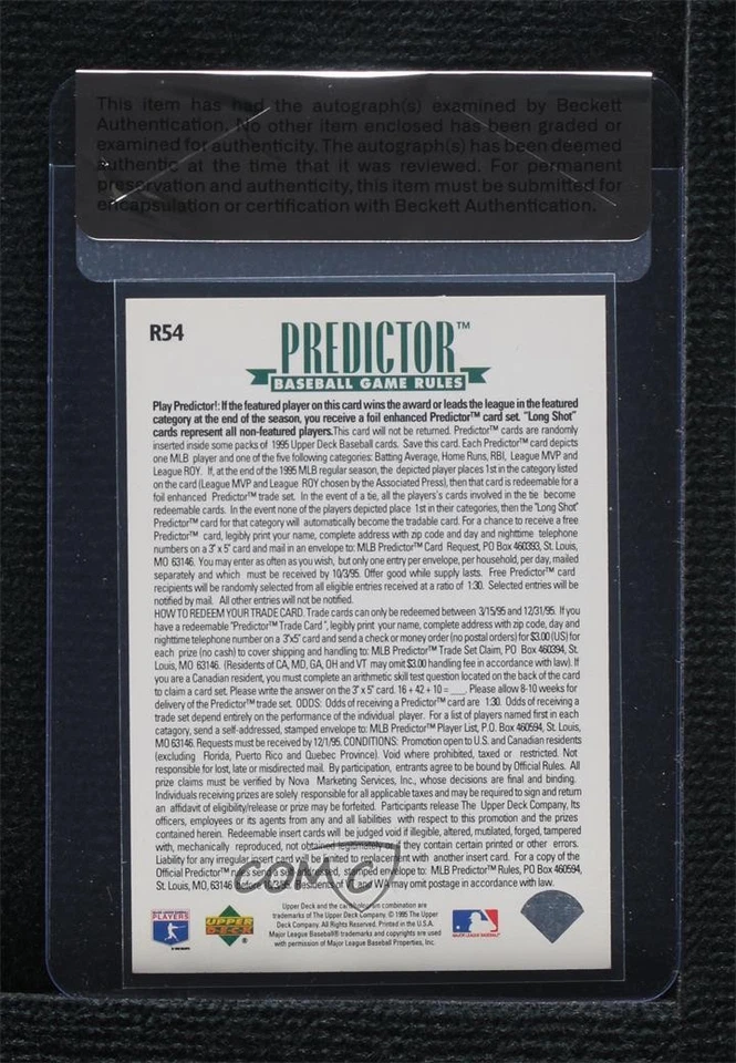 BAS 1995 Upper Deck League Leaders Expired Redemptions John Olerud #R54 Auto - Image 2 of 2