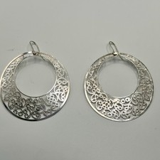 Large Hoop Earrings Filigree Design Silver Tone Statement Circular Earrings