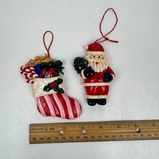 Vtg Santa Claus Stocking Sculptured Dough Clay Christmas Tree Ornament Glossy