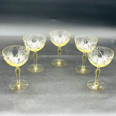 5 Champagne Sherbet Glasses 5.75  Optic Topaz Yellow Crystal Etched Flowers
