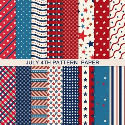 32 Sheets Patriotic Pattern Paper Vintage Red White Blue Star 4th of July Double