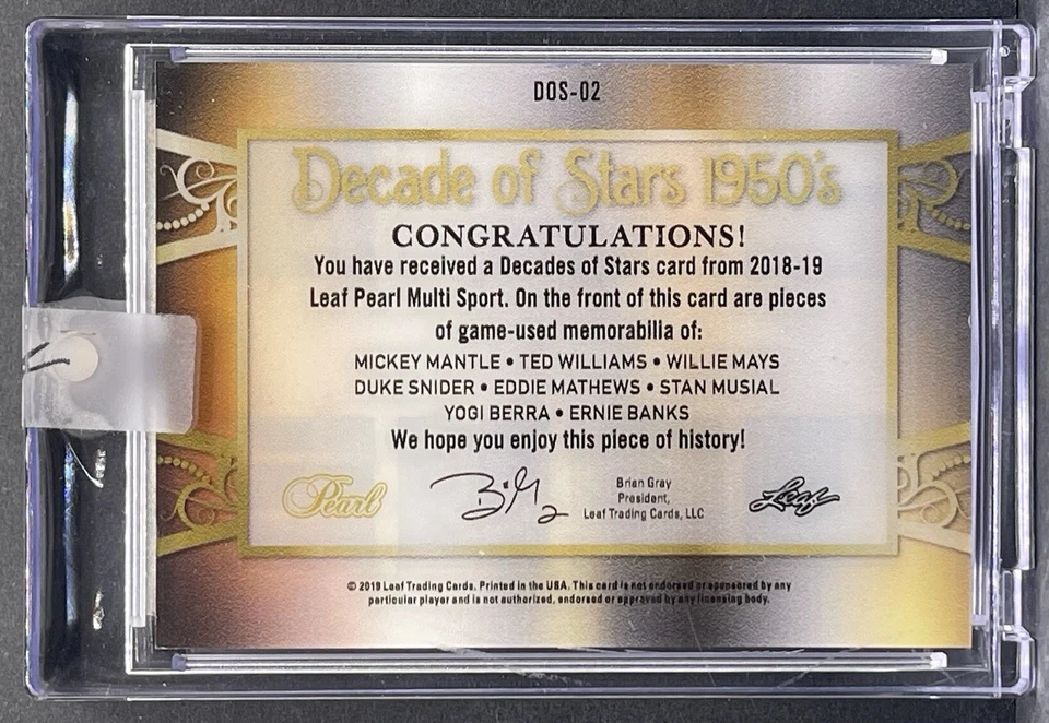 2020 Leaf Decade Of 50s Mantle Williams Mays Musial Berra 1/1 比赛使用球衣 — 第 2/2 张图片