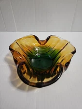 Vintage MCM Art Glass Amber & Green Cigar Ashtray Trinket Dish