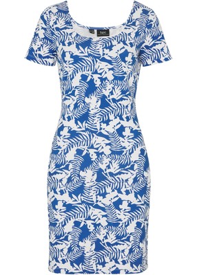 Basic Jerseykleid mit Druck Gr. 40/42 Königsblau Weiß Mini Jersey-Kleid Neu*