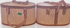 Set of 2 Oval Lidded Wicker Hat Boxes w/ Handles, Leather, Brown/Beige