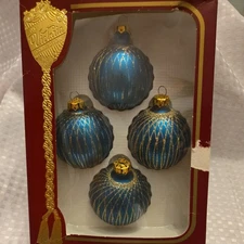 Vintage Rauch Deep Teal With Gold Glitter - 4 Glass Ball Ornaments USA made