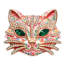 Rhinestone Pink Cat Face Mask Brooch Crystal Floral Kitten Pin Gold Jewelry Gift