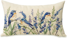 Bluebirds Floral Lumbar Pillow Cover 12x20 Cotton Linen Spring Summer Decor